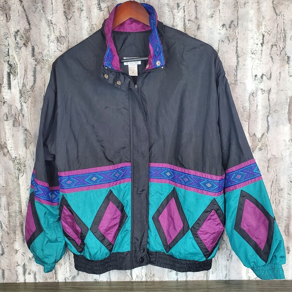 Vtg Windbreaker Womens M Medium Aztec Retro Colorblock Lavon Nylon Shoulder Pad‎
